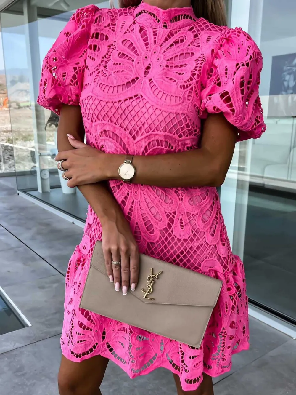 Lace Mock Neck Puff Sleeve Dress, image 7