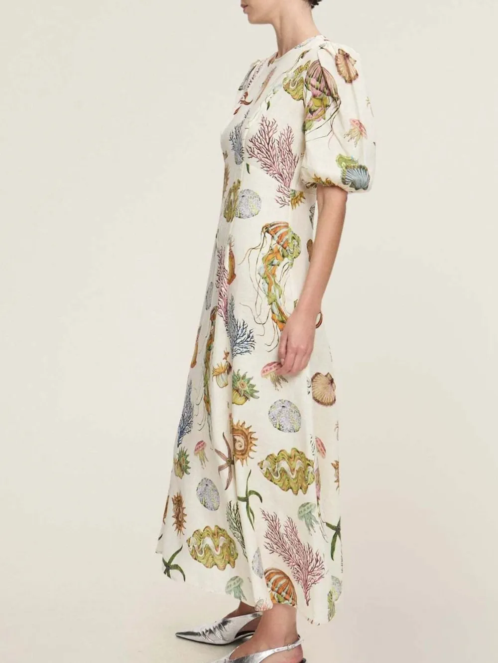 Printed Round Neck Puff Sleeve Dress, image 4