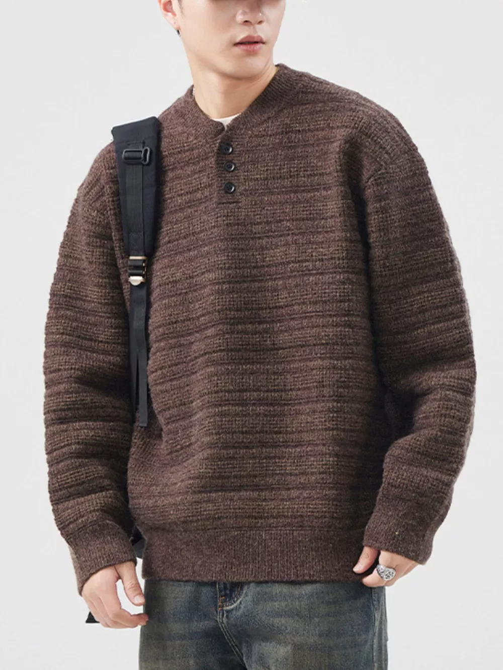 Men's Plus Size Button Detail Long Sleeve Sweater, image 3