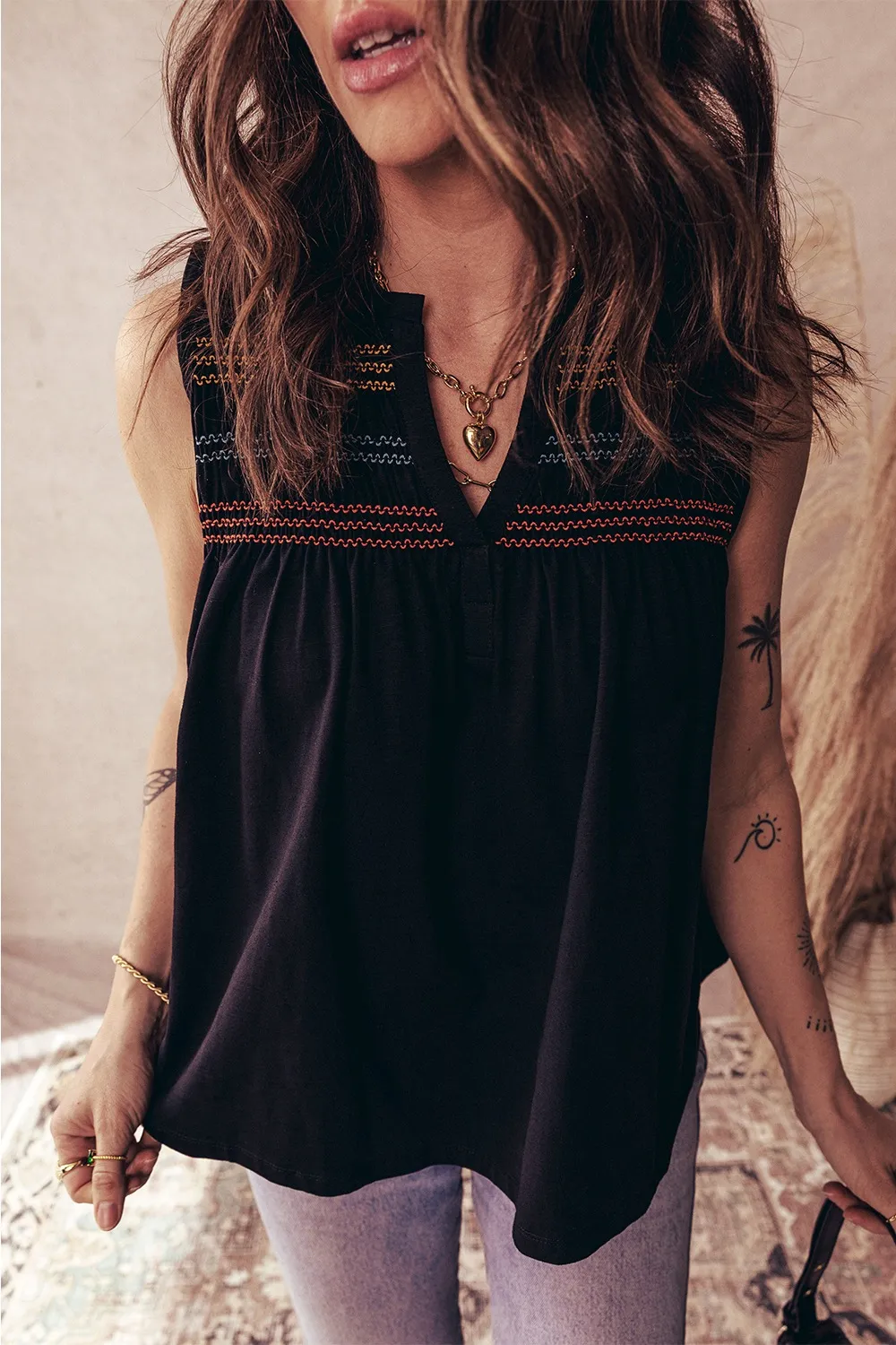 Boho Embroidered Sleeveless V-Neck Blouse, image 3