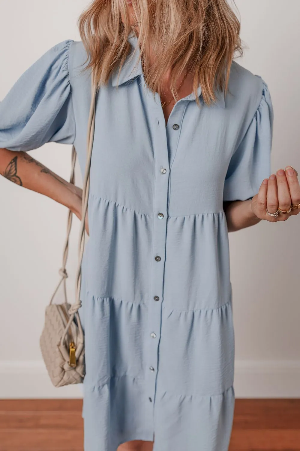 Button Up Puff Sleeve Tiered Shirt Dress, image 6