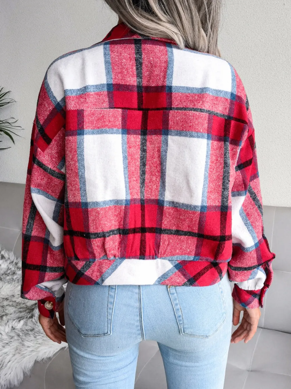Plaid Collared Neck Long Sleeve Jacket, image 17