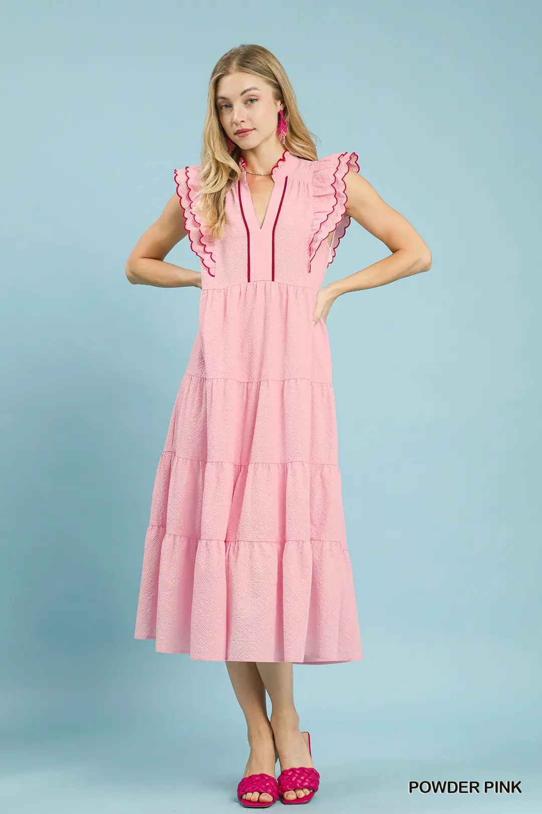 Seersucker Ruffle Sleeve Tiered Midi Dress, image 3