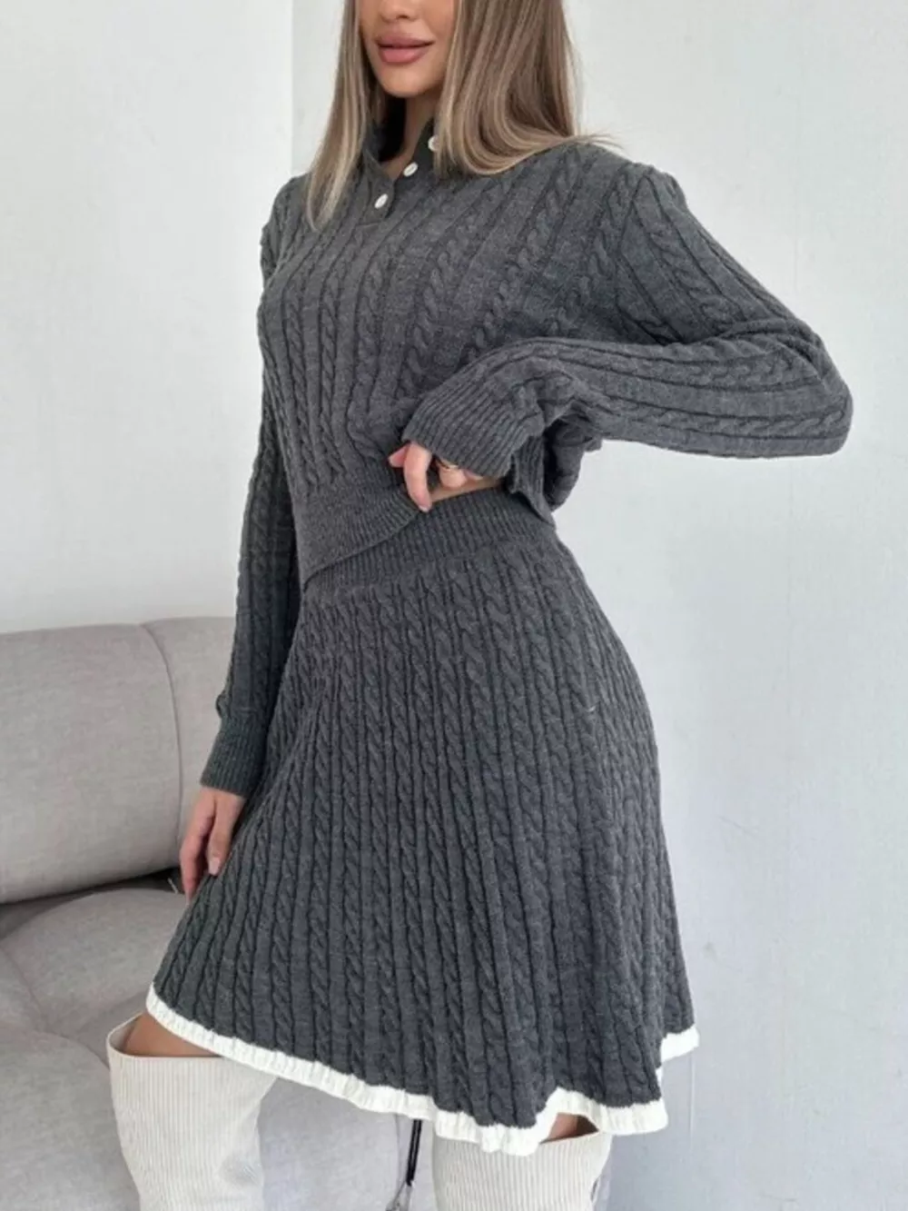 Cable Knit Long Sleeve Top and Skirt Sweater Set, image 11