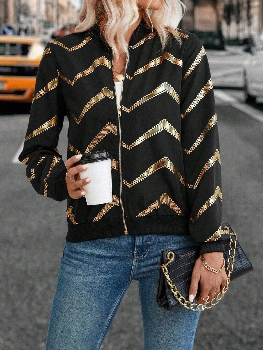 Printed Baseball Collar Zip Up Jacket, image 3