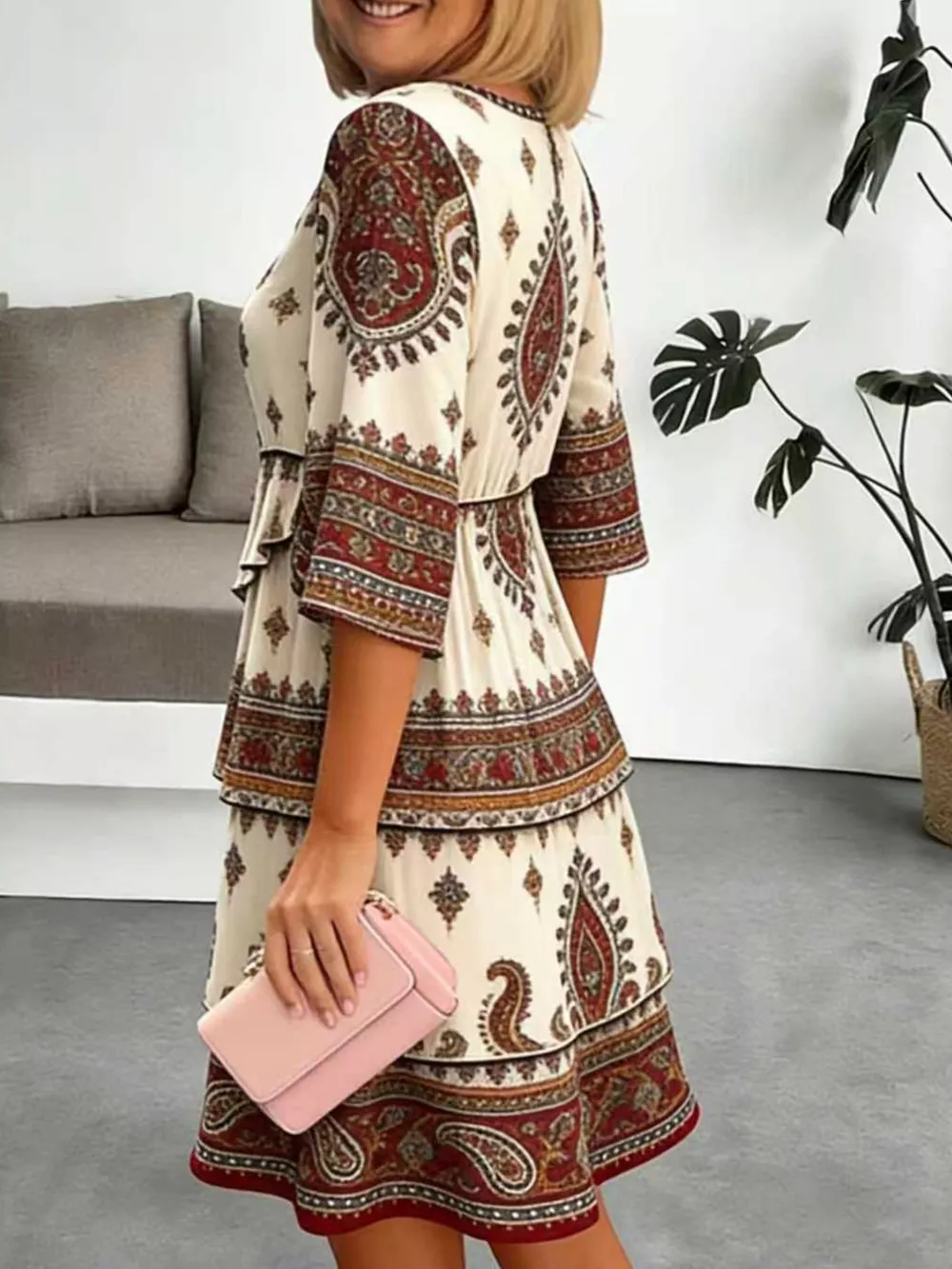 Full Size Paisley Print Layered Ruffle Mini Dress Plus Size, image 3