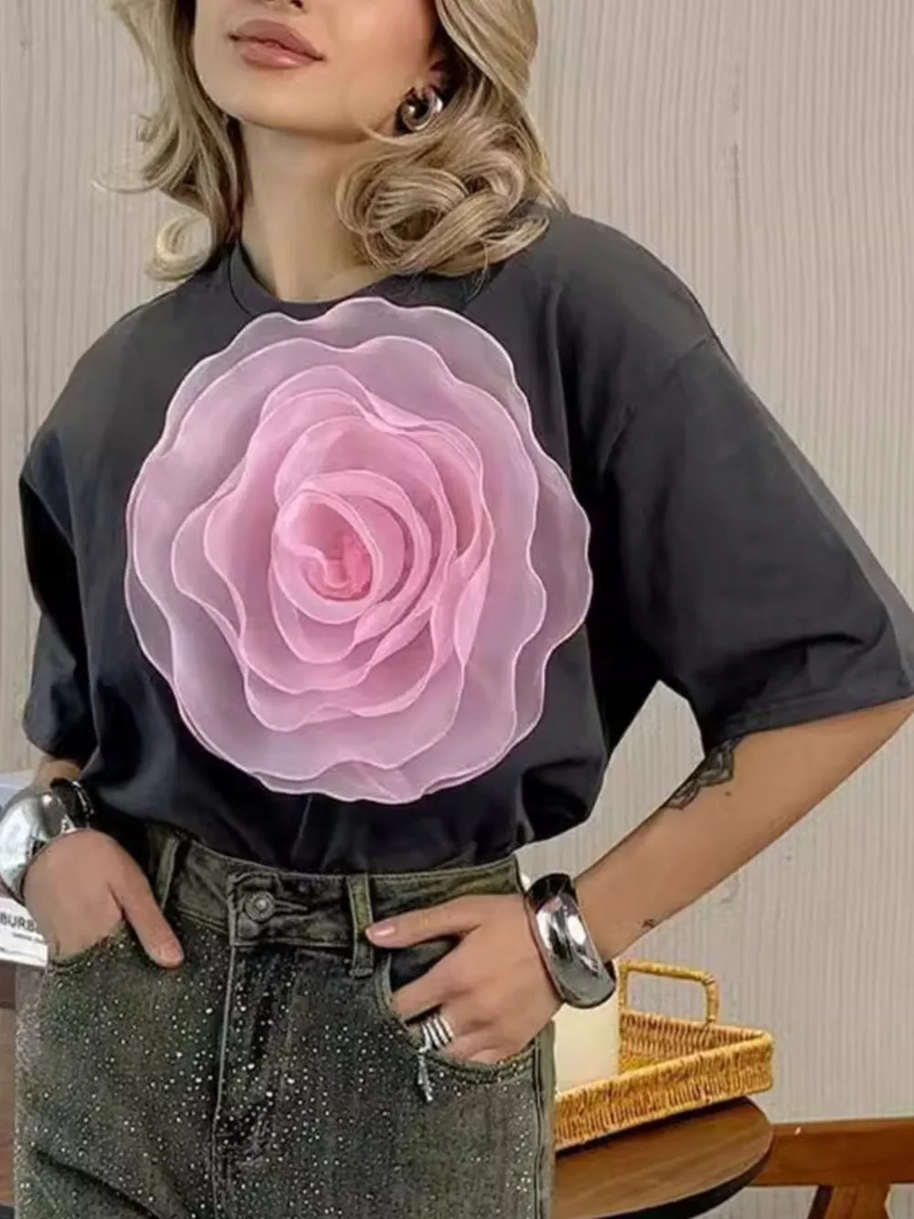 Flower Round Neck Short Sleeve T-Shirt, image 3