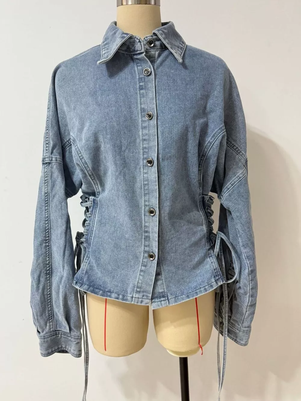 Button Down Lace-Up Side Denim Jacket, image 5