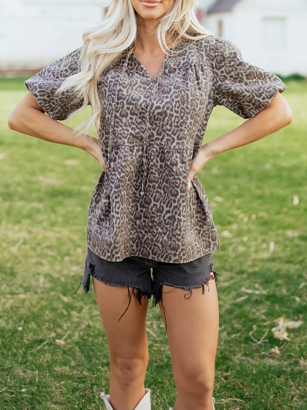 Leopard Print Ruffle Hem Denim Top, image 2