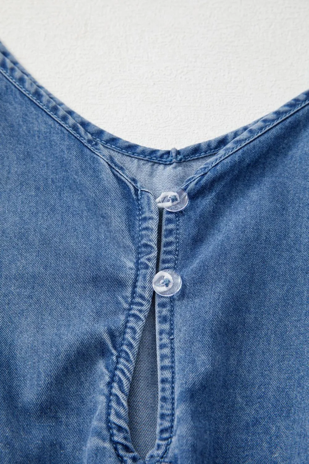 Spaghetti Straps V Neck Belted Ruffled Leg Chambray Romper, image 6