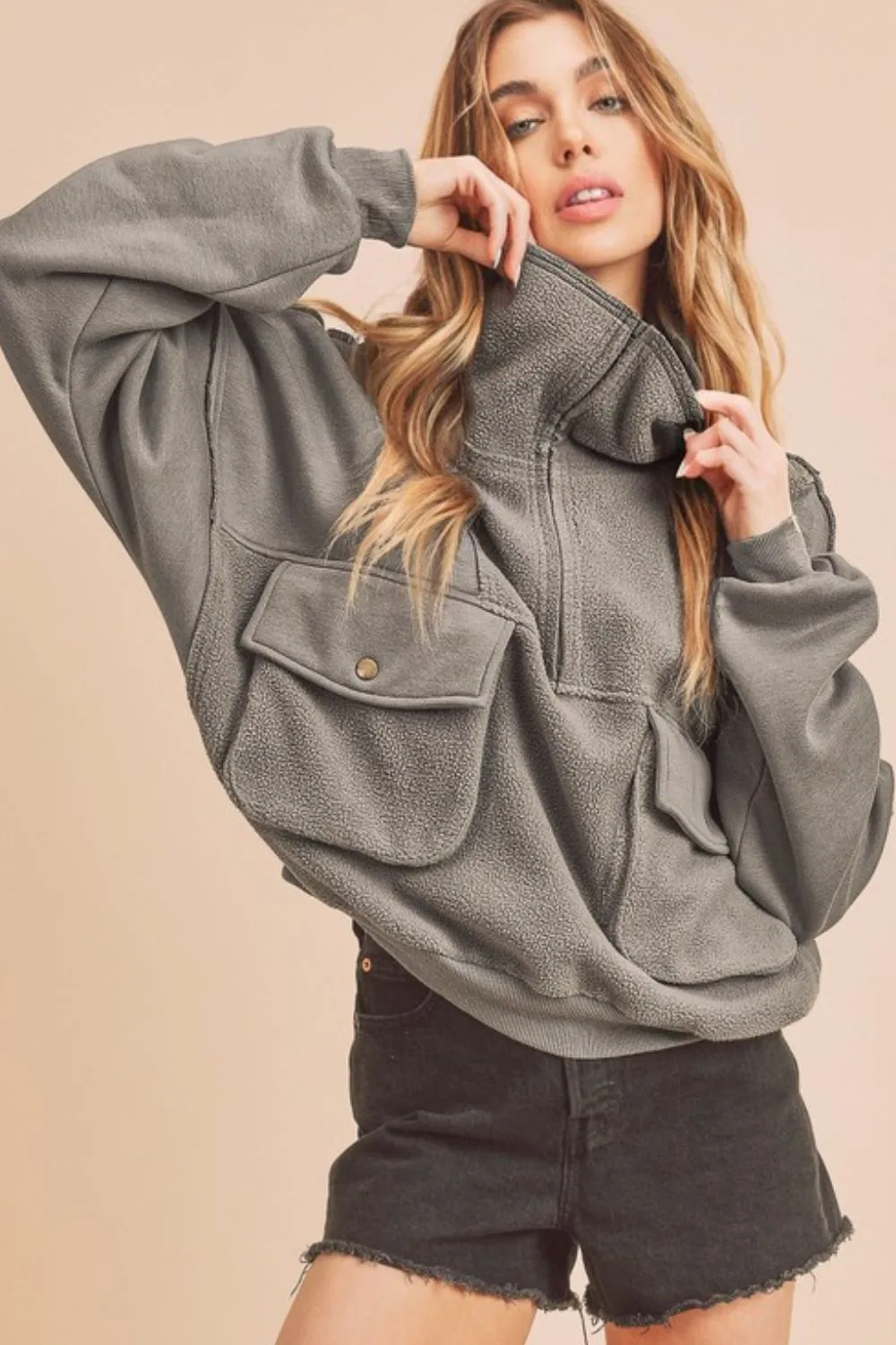 Exposed Seam Half Zip Sweatshirt with Pockets, image 2