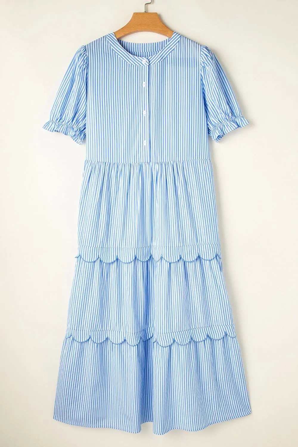 Stripe Bubble Short Sleeve Tiered Scallop Midi Dress, image 6