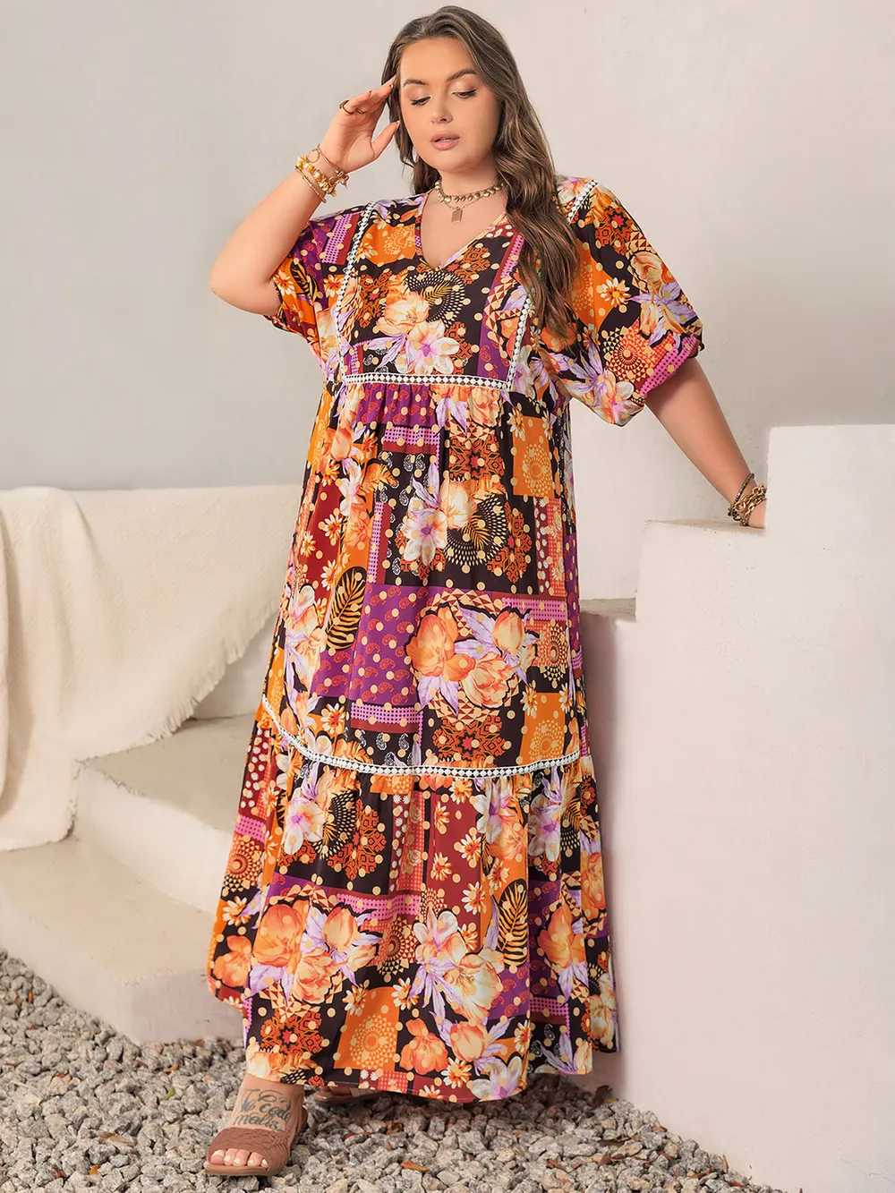 Plus Size Printed V-Neck Half Sleeve Maxi Dress, image 4