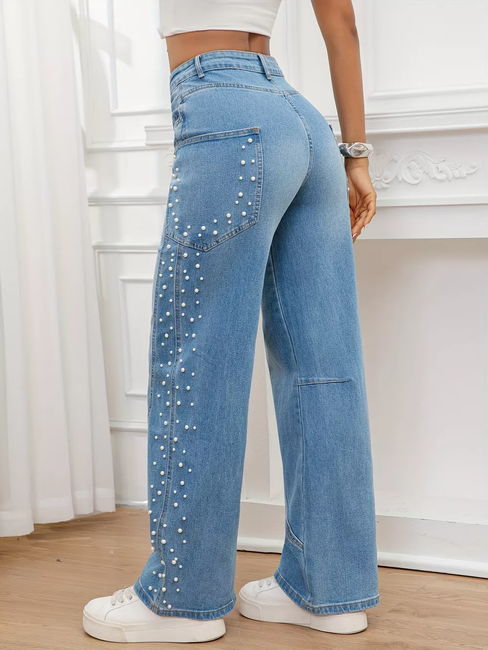 Pearl Embellished Wide Leg Jeans, image 4