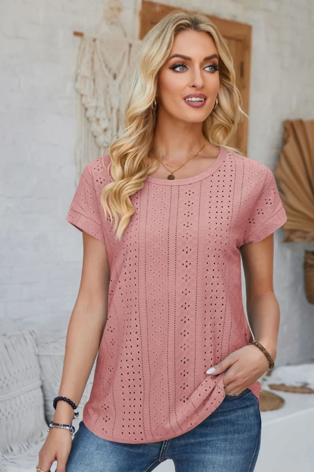 Eyelet Round Neck Rolled Short Sleeve T-Shirt, image 31