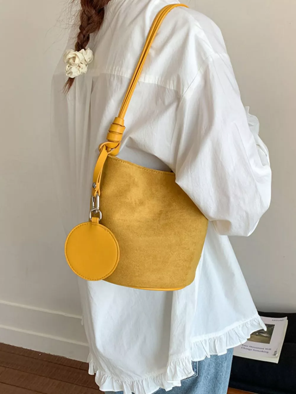 Suede Solid Color Bucket Bag, image 3
