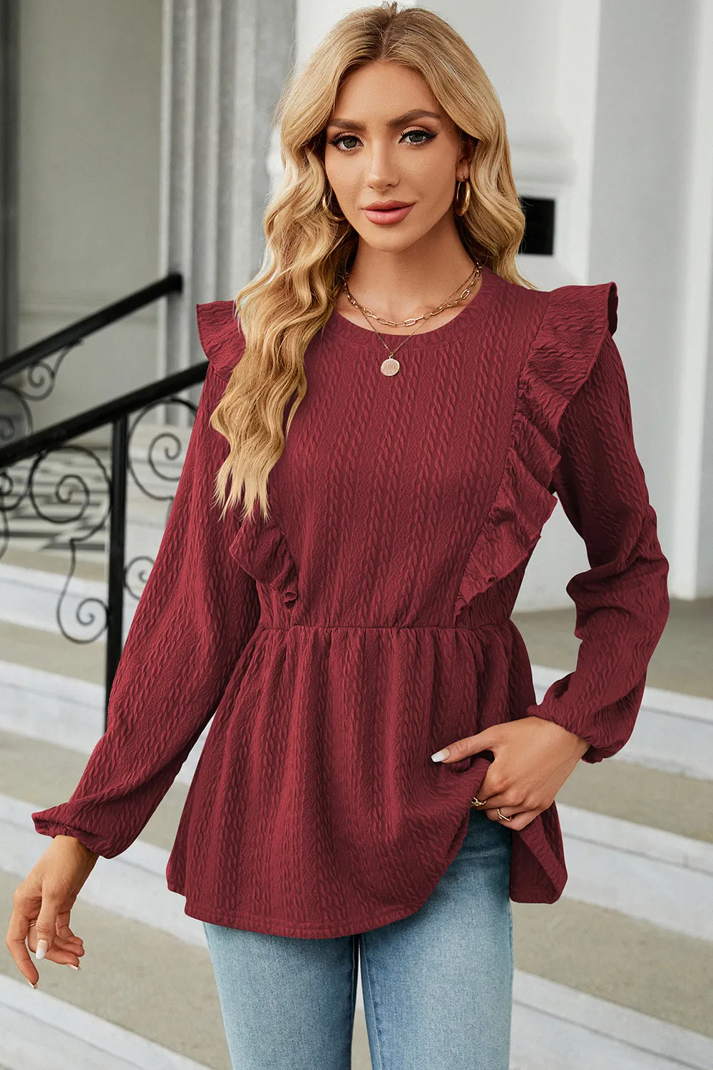 Ruffled Round Neck Balloon Sleeve Blouse, image 2