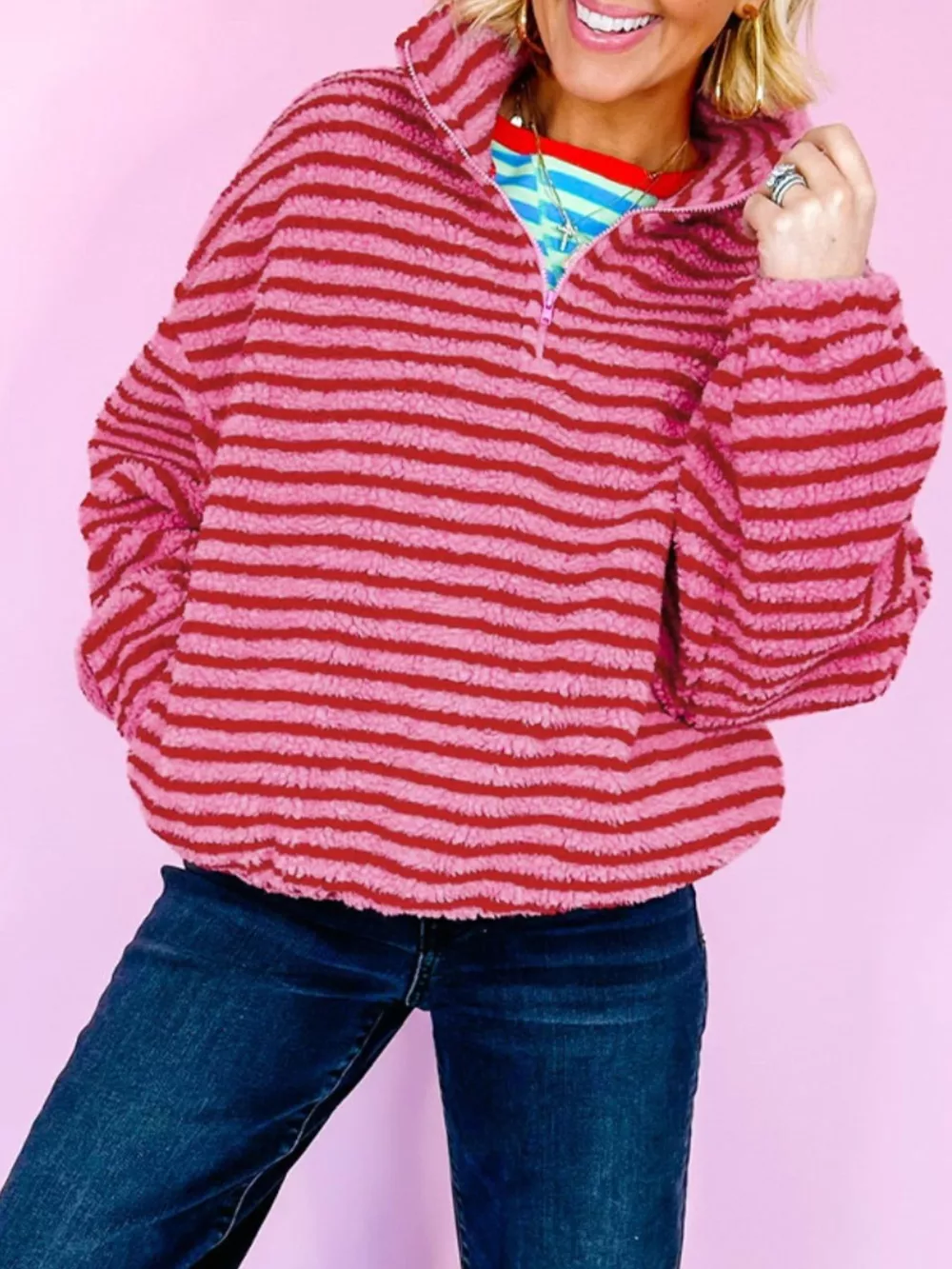 Striped Quarter-Zip Fleece Sweatshirt