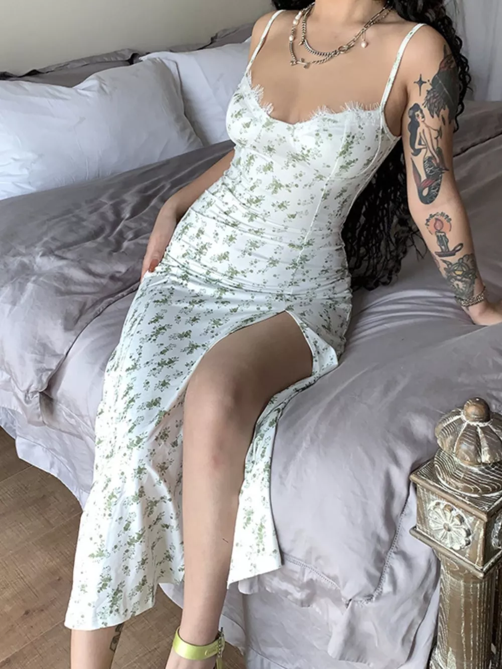 Floral Print Lace Trim Slit Midi Dress, image 14