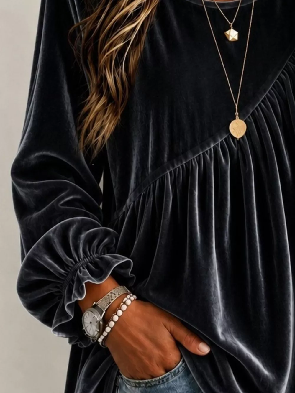 Full Size Velvet Round Neck Long Sleeve Blouse Plus Size, image 11