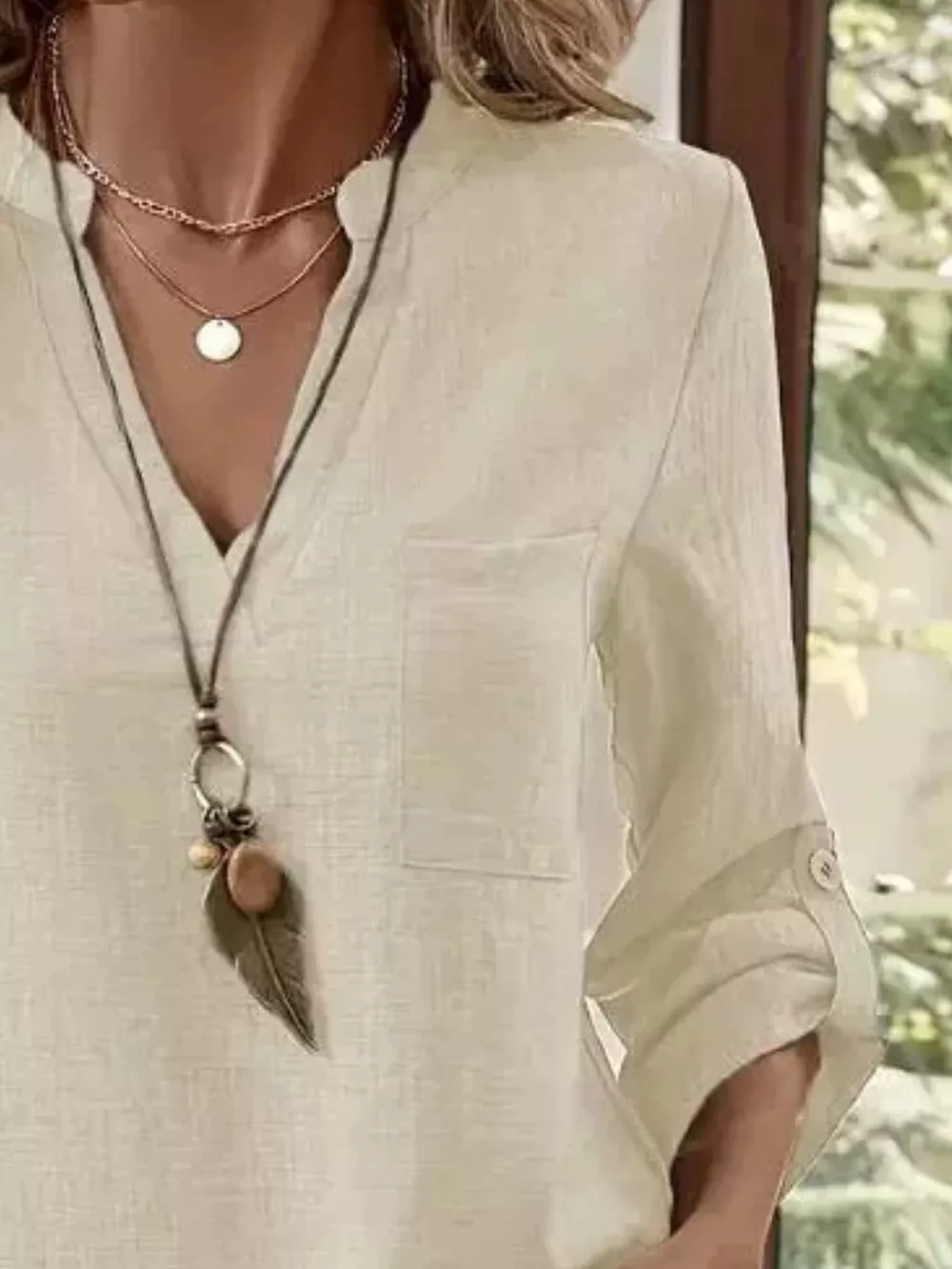 Casual V-Neck Roll-Sleeve T-Shirt with Pocket, image 10