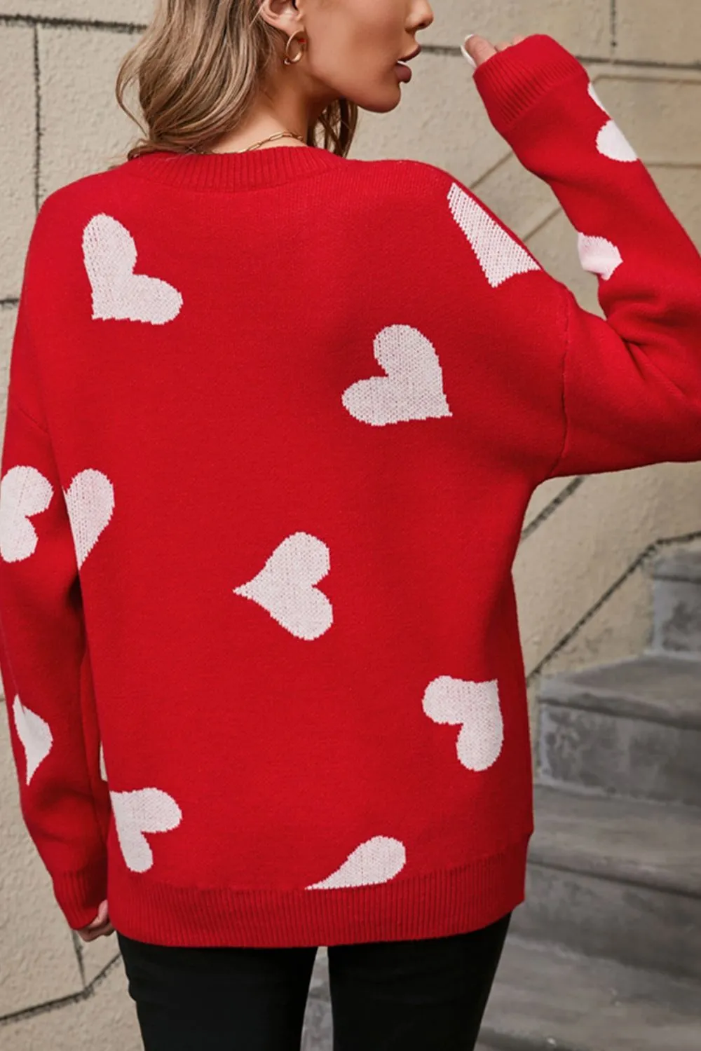 Heart Round Neck Dropped Shoulder Sweater, image 7