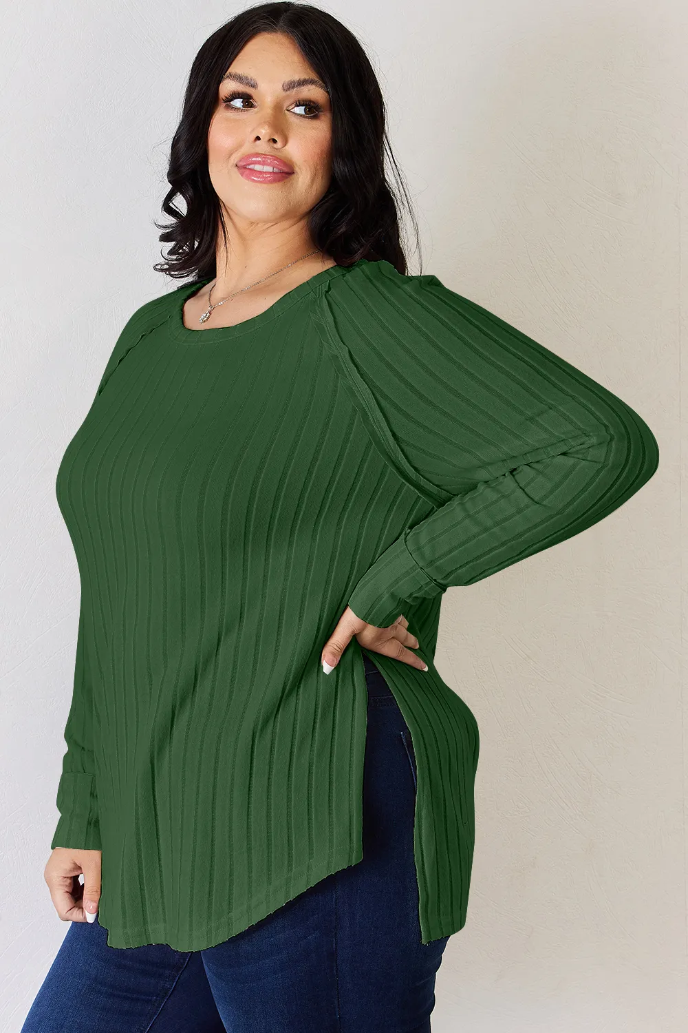 Full Size Ribbed Round Neck Slit T-Shirt, image 22