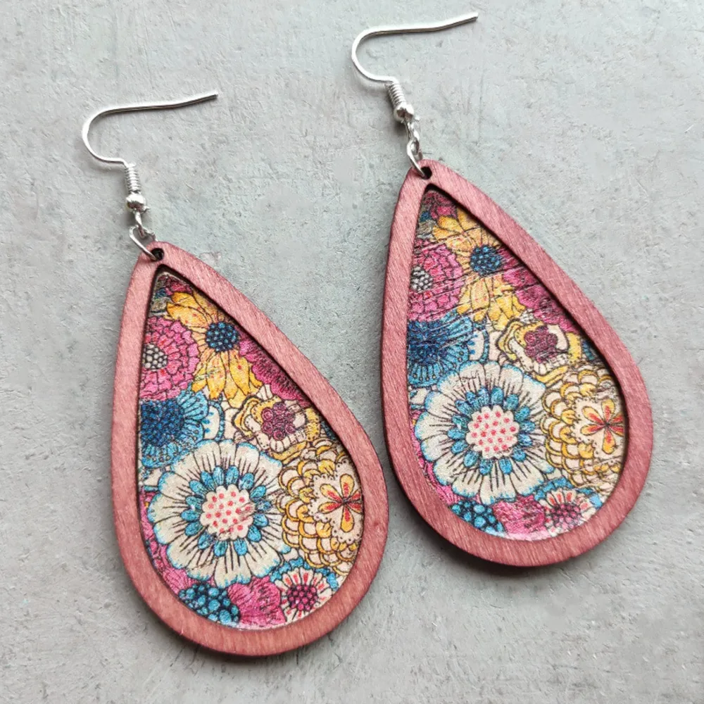 Floral Wood Teardrop Earrings, image 3
