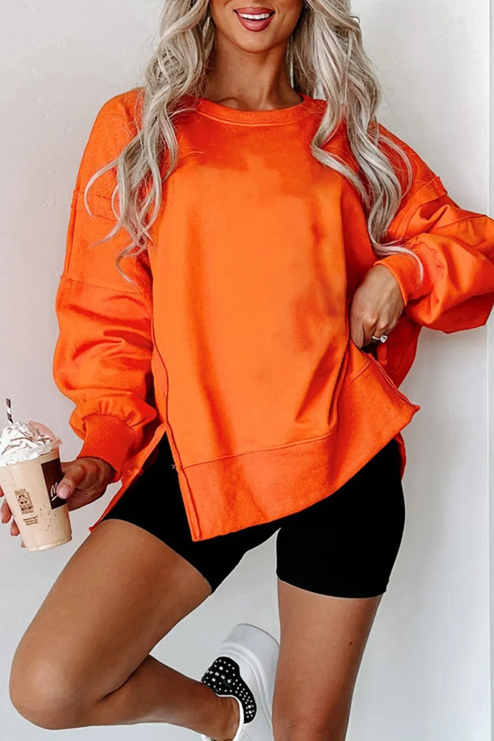 Side Slit Round Neck Long Sleeve Sweatshirt, image 25
