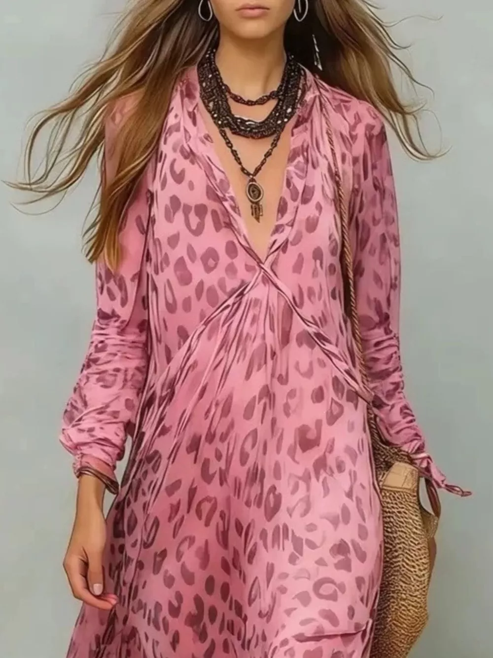 Full Size Leopard Print V-Neck Maxi Dress Plus Size, image 4
