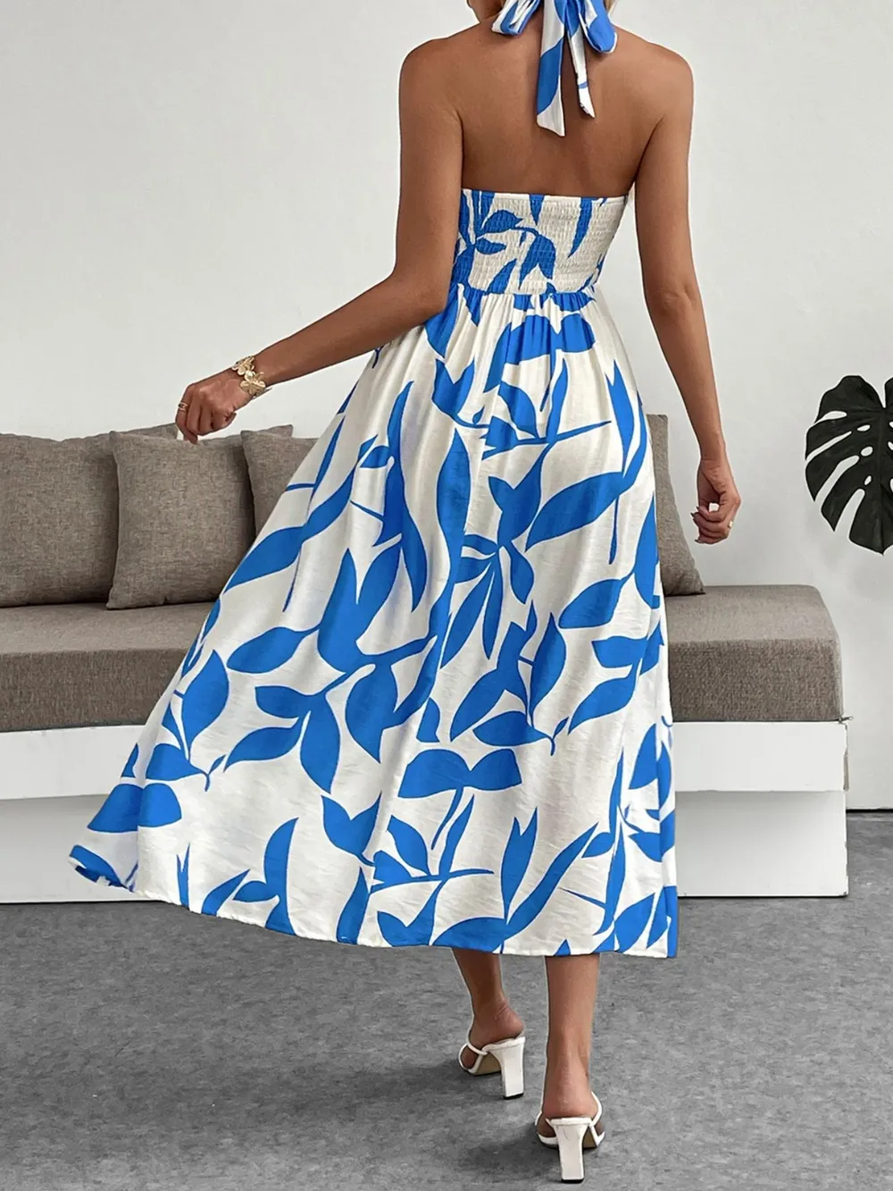 Leaf Print Halter Neck Midi Dress, image 6