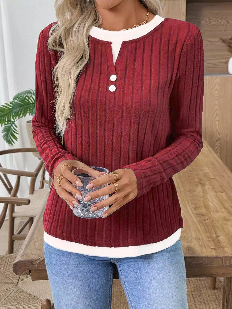 Ribbed Knit Long Sleeve Henley T-Shirt, image 16