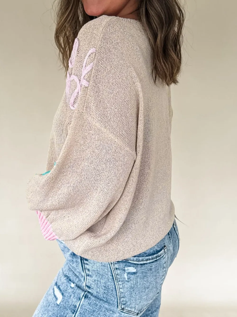 Flower Round Neck Drop Shoulder Sweater, image 3