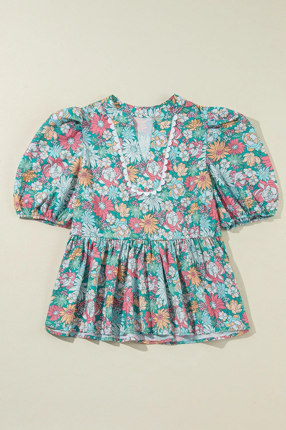 Multicolour Notched Neck Puff Short Sleeve Floral Blouse, image 8