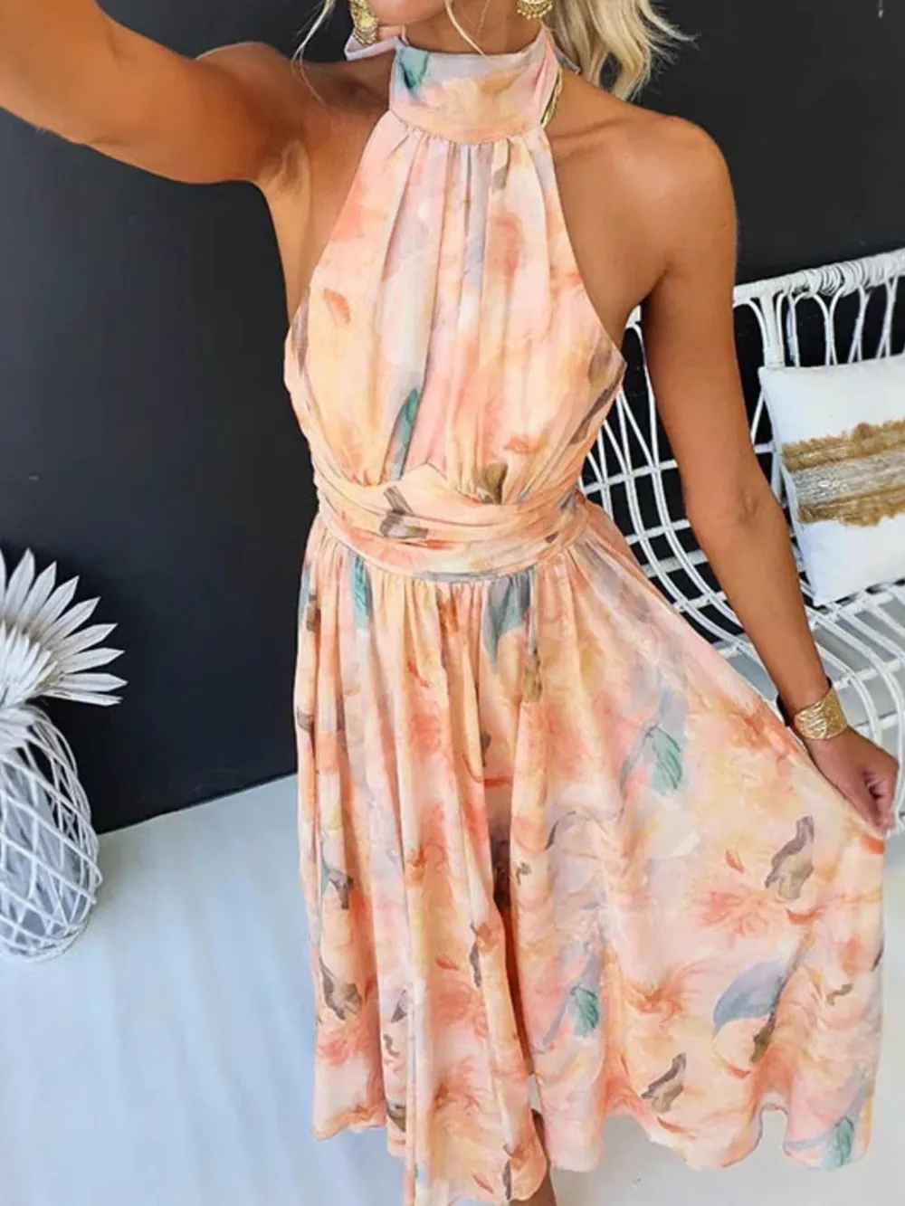 Floral Halter Neck Backless Summer Dress, image 3