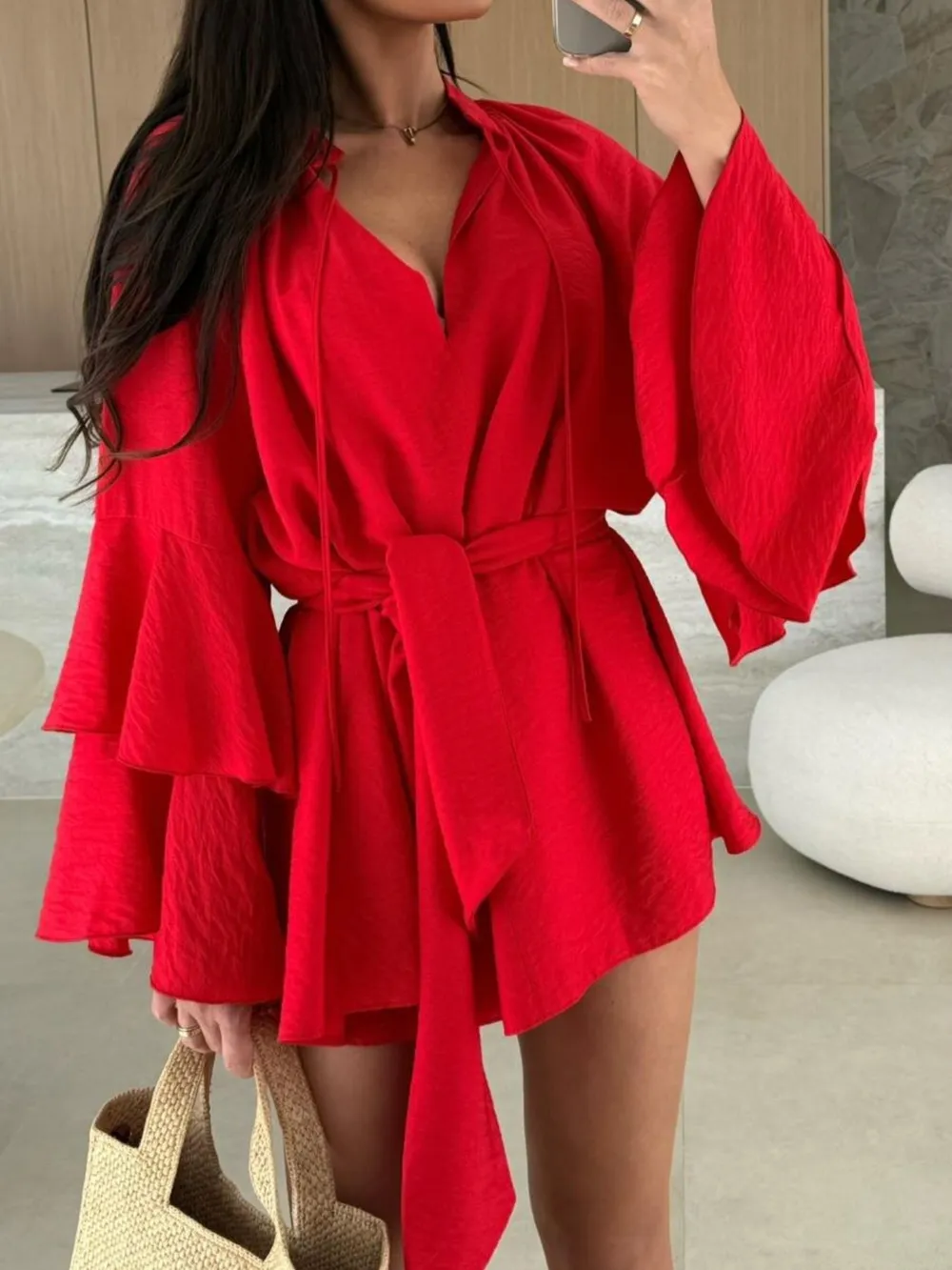 Bell Sleeve Tie Waist Mini Shirt Dress, image 14