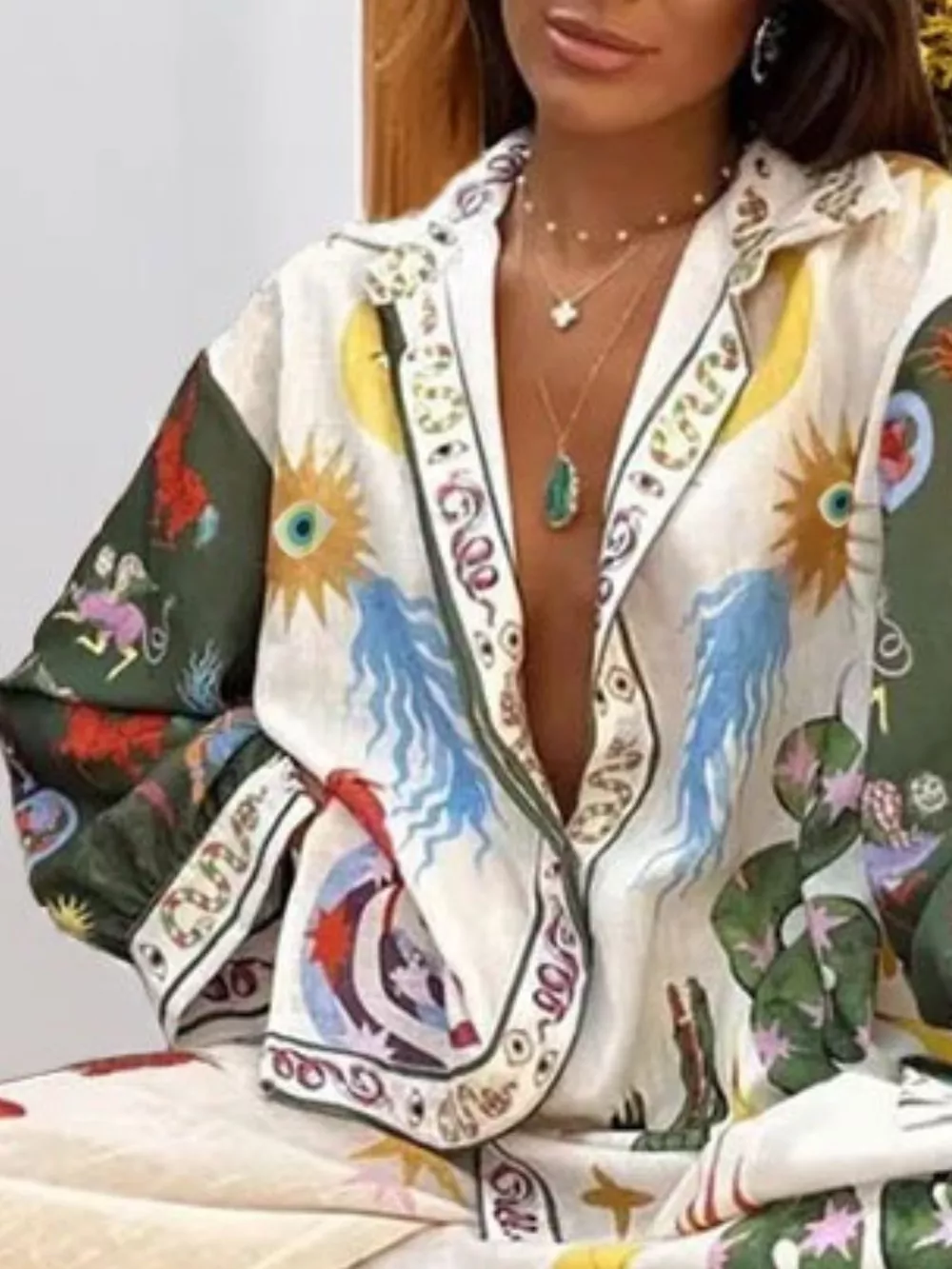 Full Size Printed Long Sleeve Shirt and Wide Leg Pants Set Plus Size, image 3