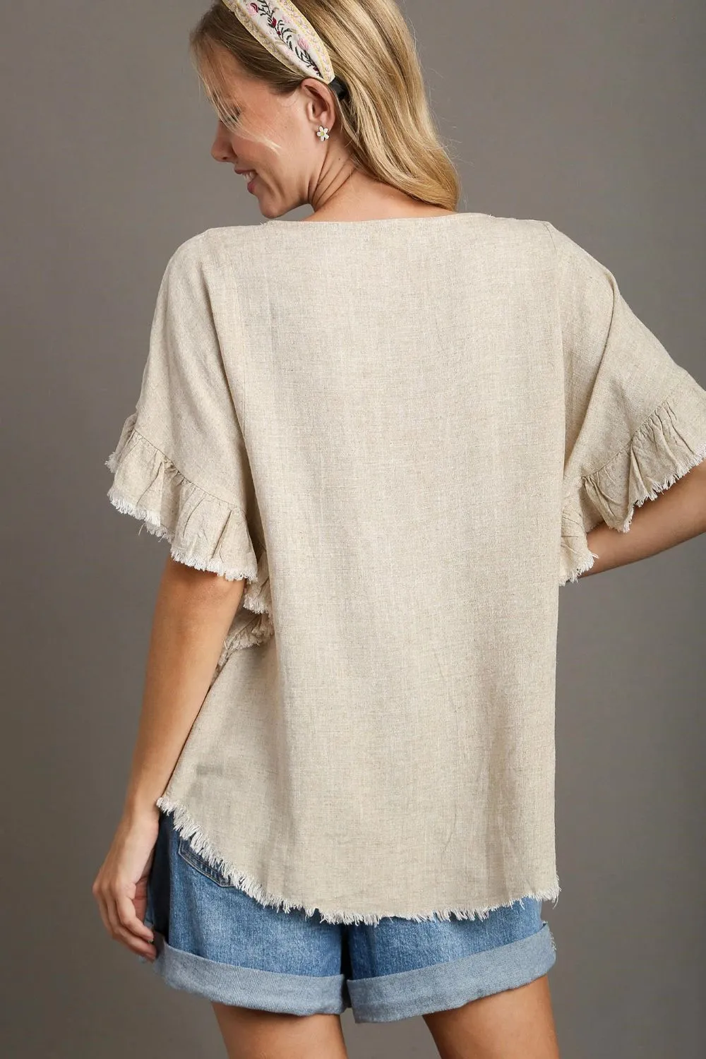 Full Size Raw Hem Ruffle Short Sleeve Blouse Plus Size, image 4