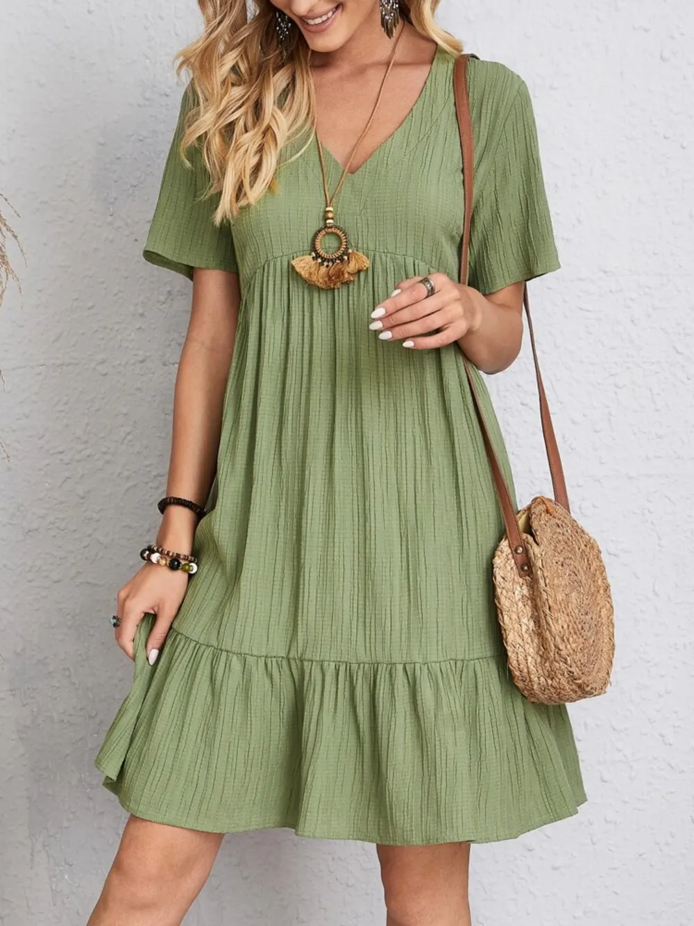 Full Size V-Neck Short Sleeve Dress, image 14