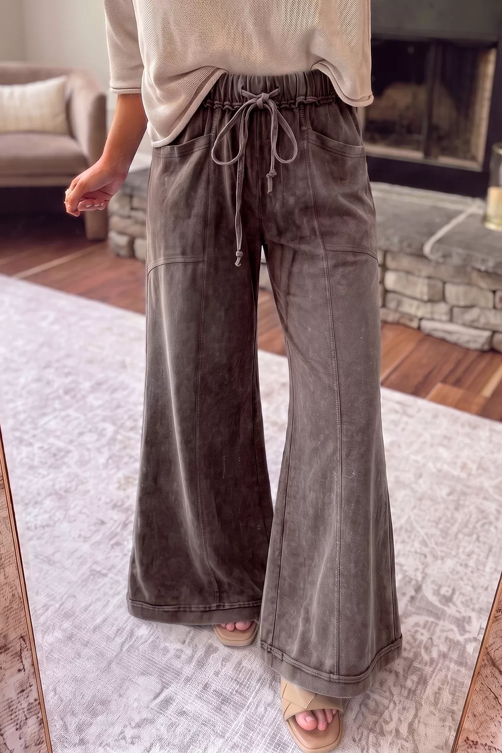Washed Wide-Leg Drawstring Pants