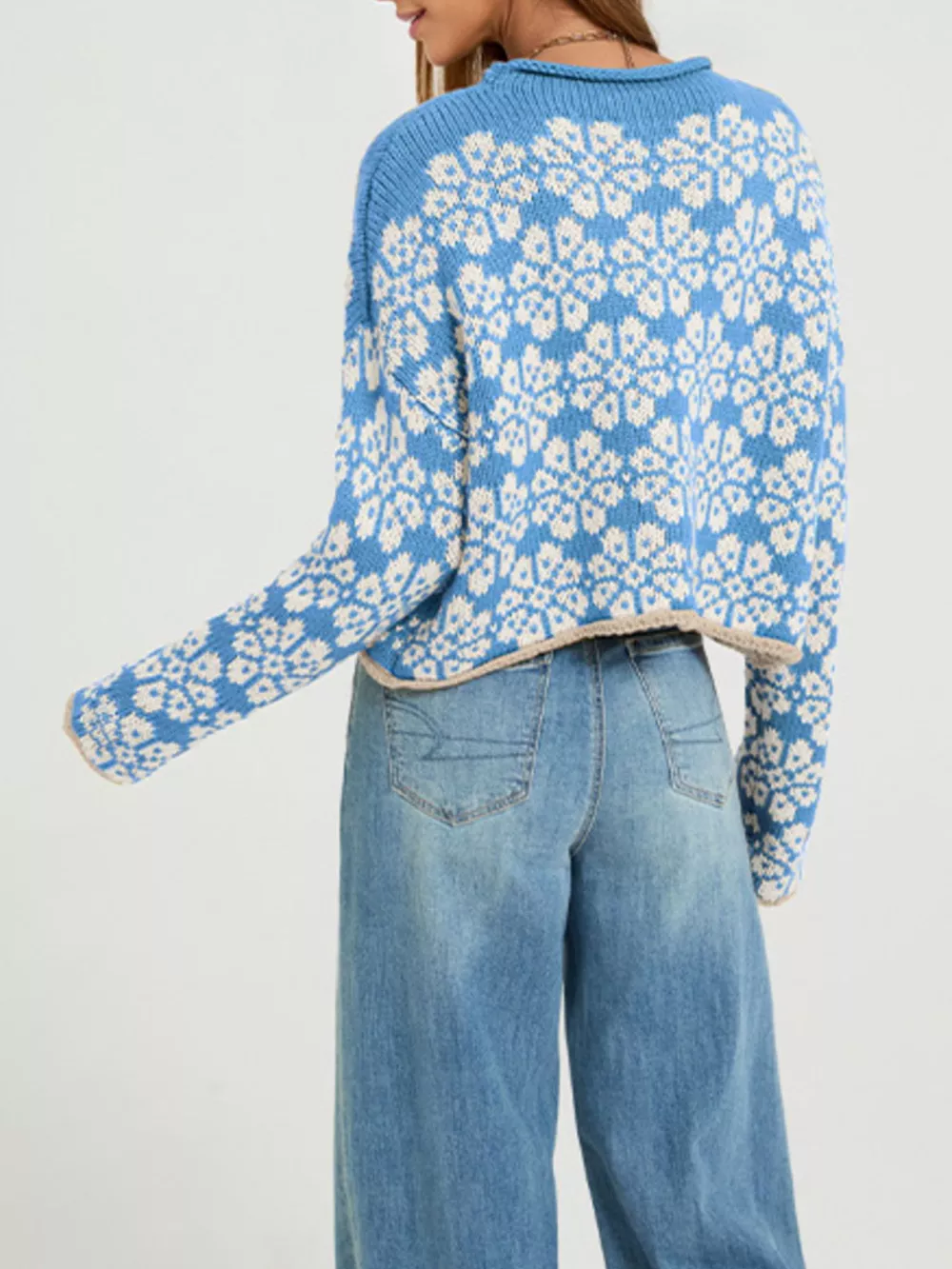 Floral Contrast Trim Dropped Shoulder Sweater, image 4