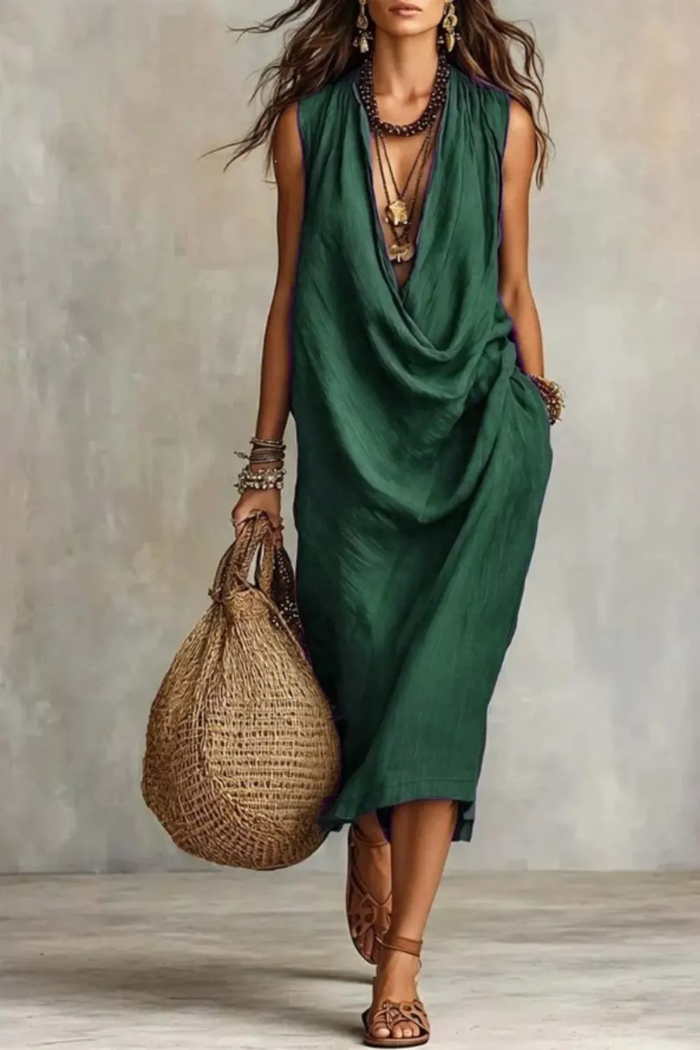 Sleeveless Drape Neck Midi Dress, image 8