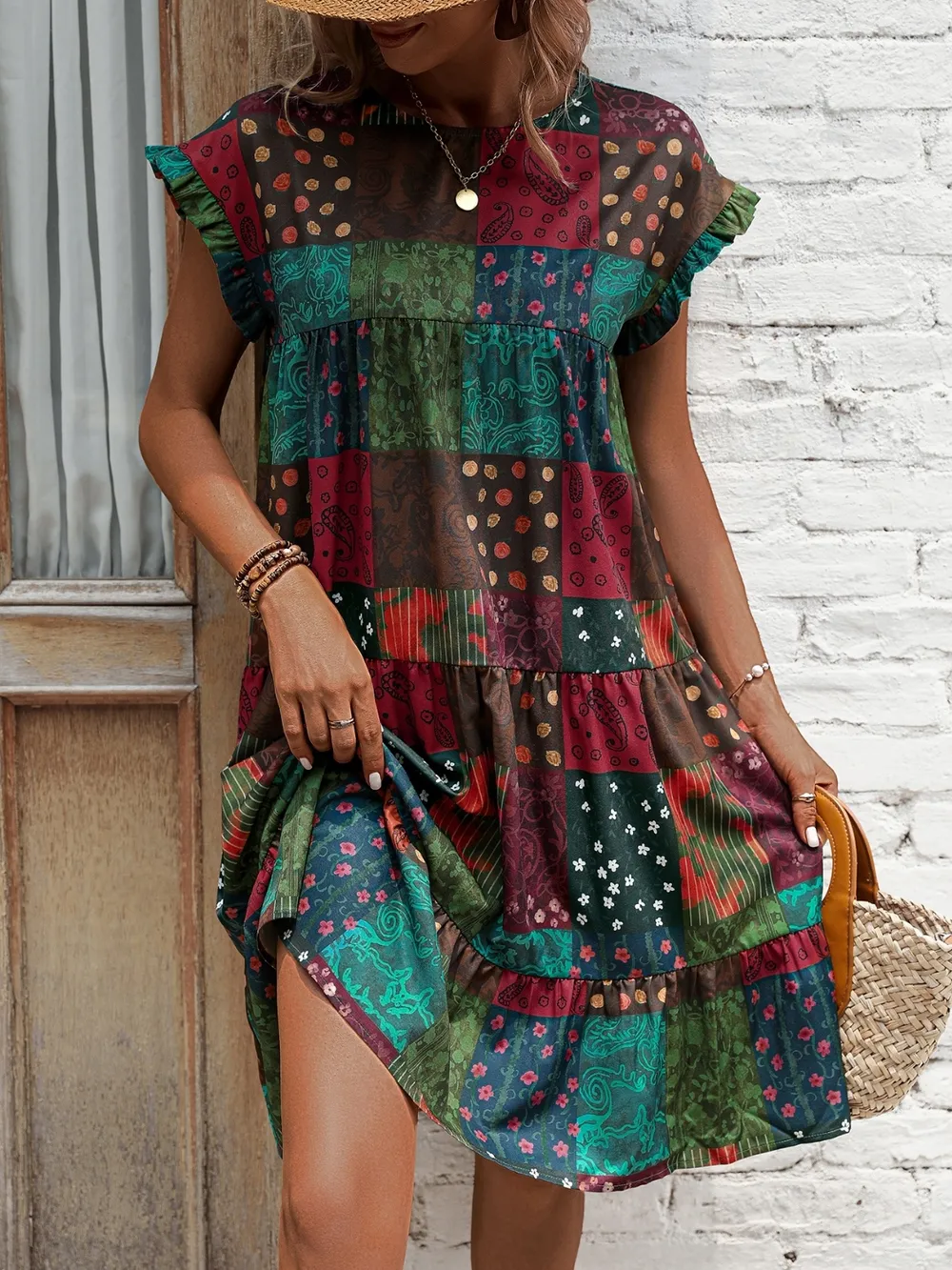 Color Block Print Short Sleeve Mini Dress, image 5