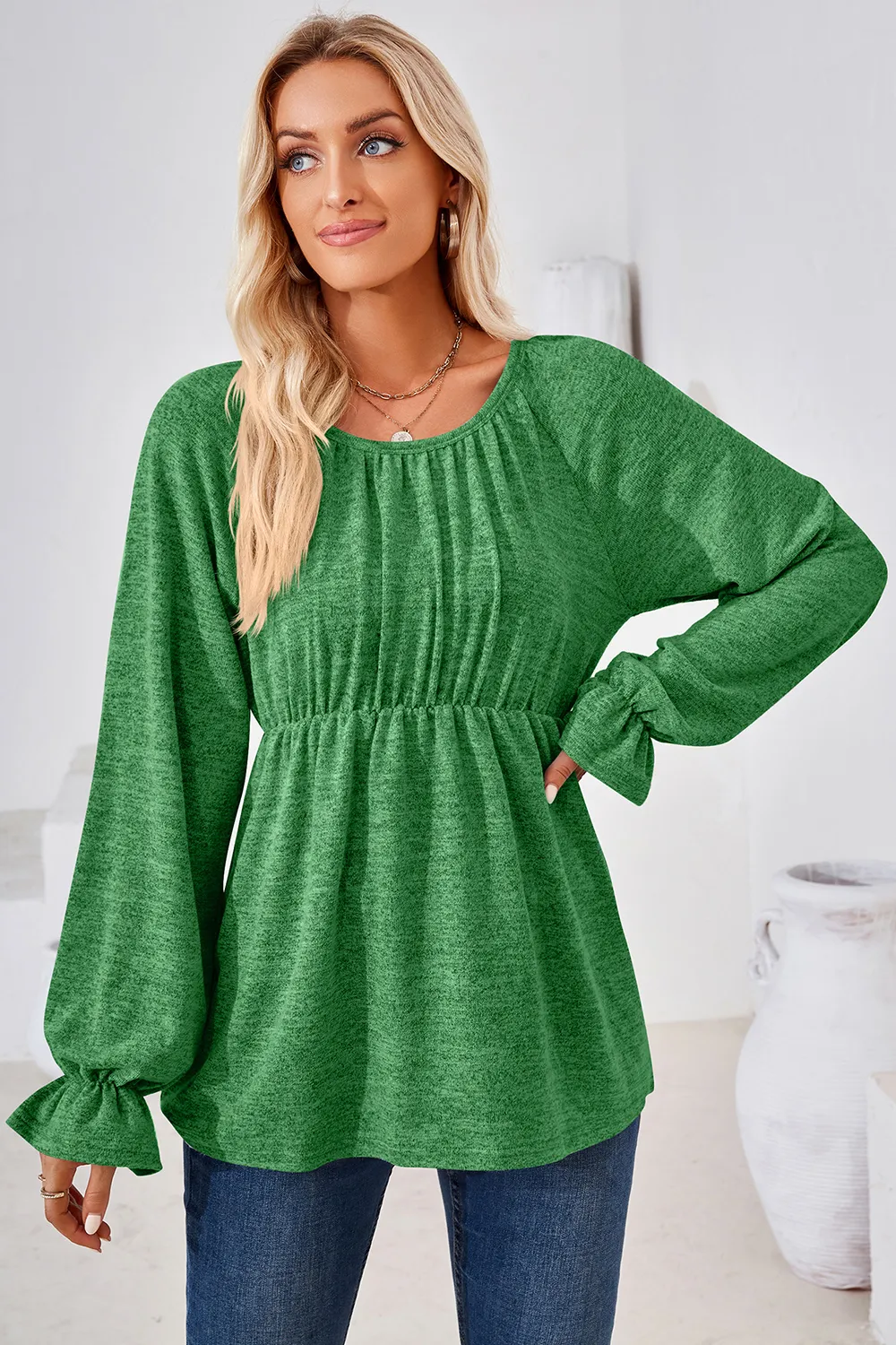Ruched Round Neck Flounce Sleeve Blouse, image 13