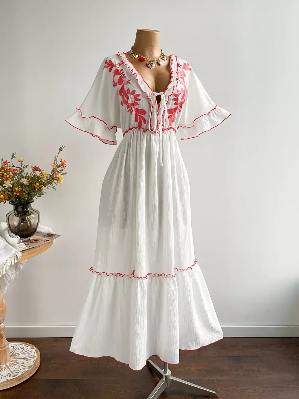 Plus Size Front Tie Maxi Dress with Floral Embroidered, image 6