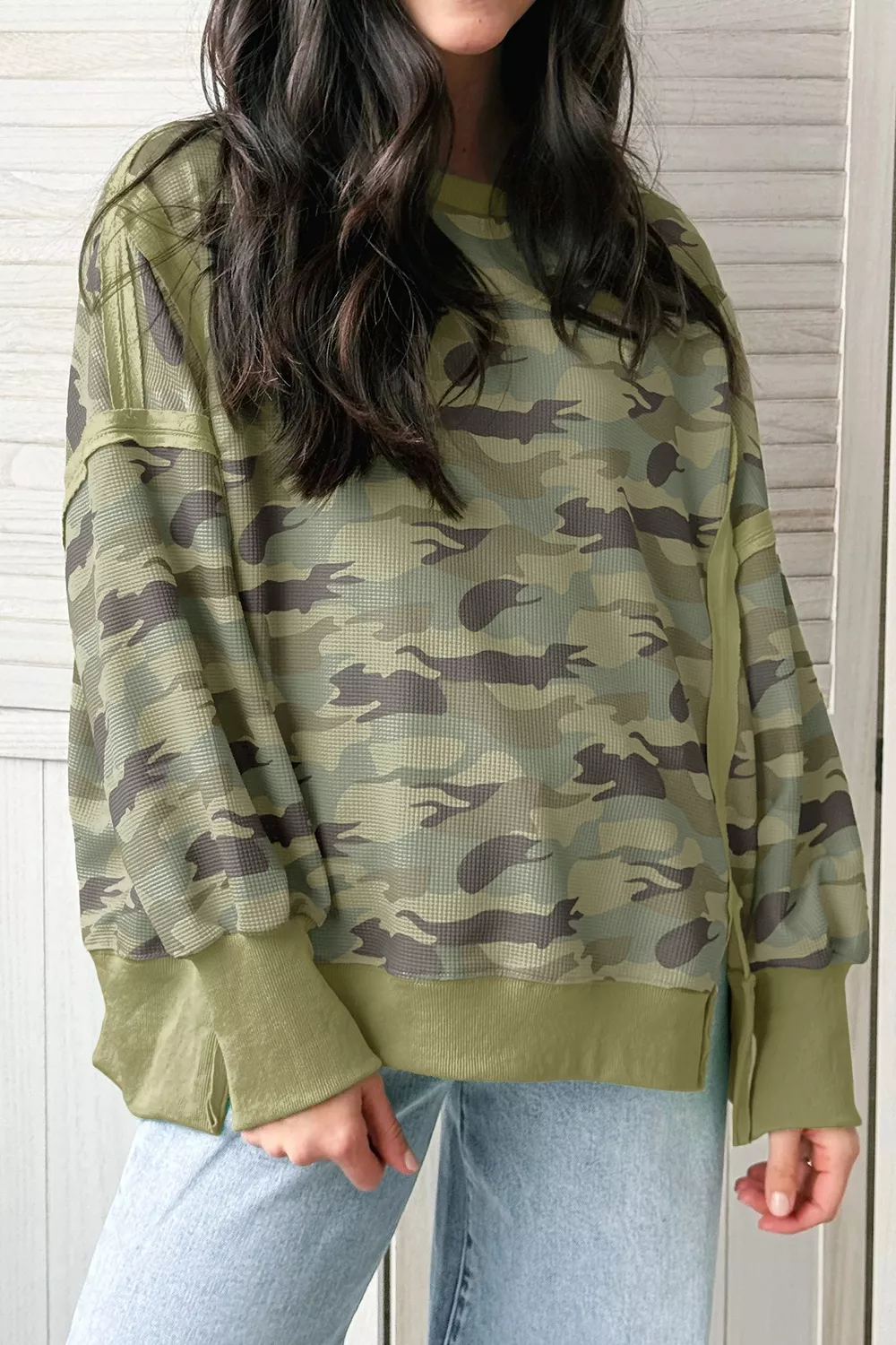 Camouflage Waffle Knit Raw Edge Contrast Trim Oversized Long Sleeve Top, image 2