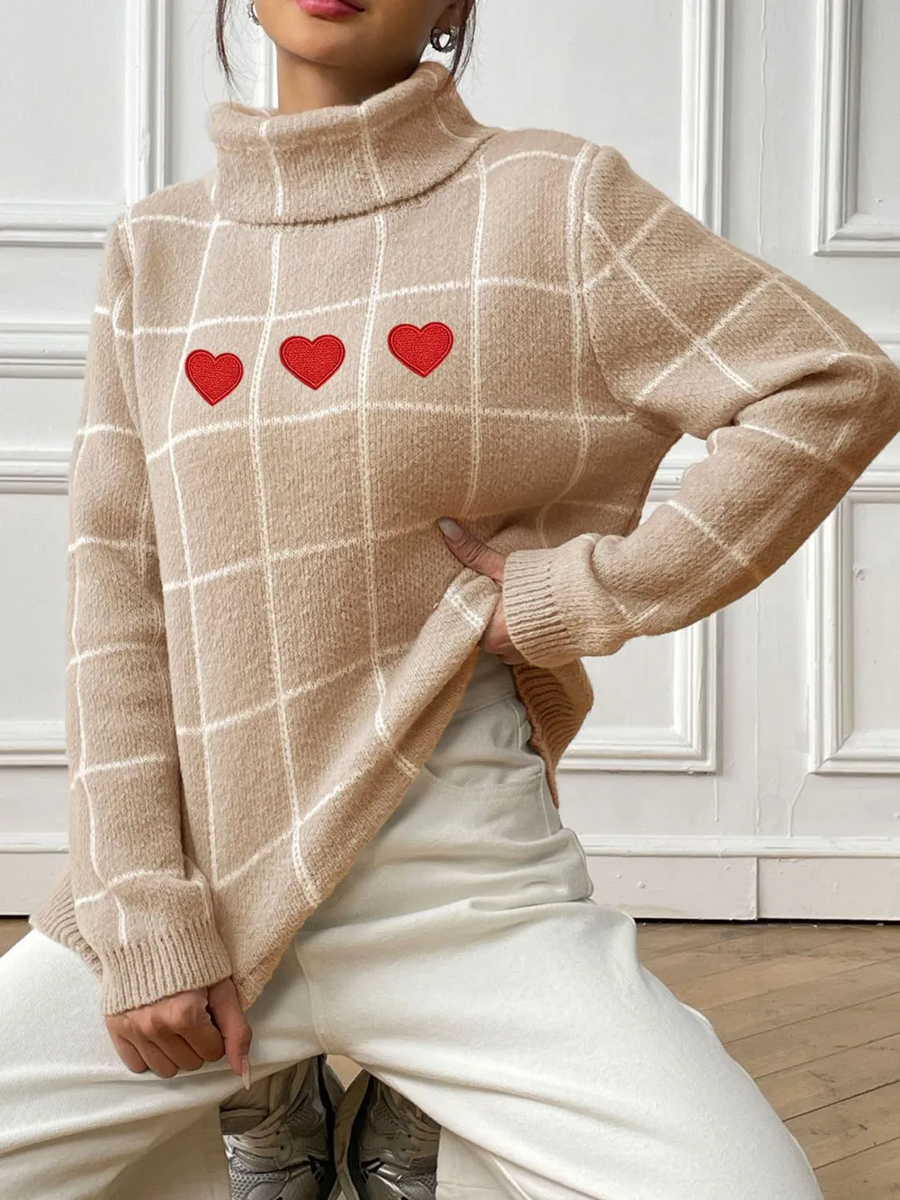 Heart Plaid Turtleneck Long Sleeve Sweater, image 10