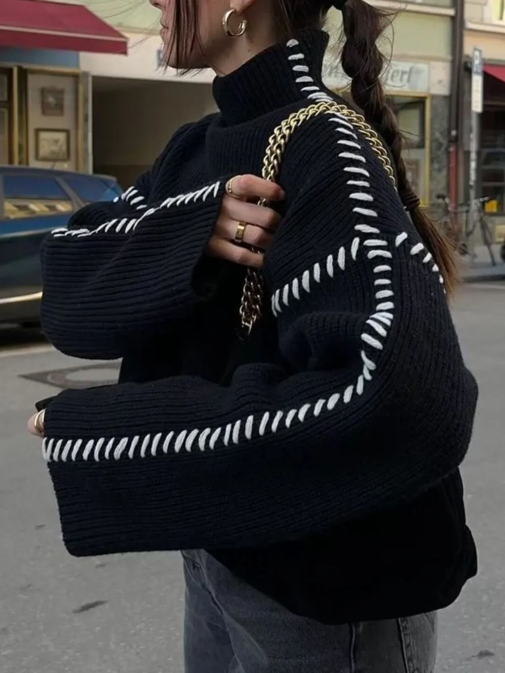 Contrast Mock Neck Long Sleeve Sweater, image 3
