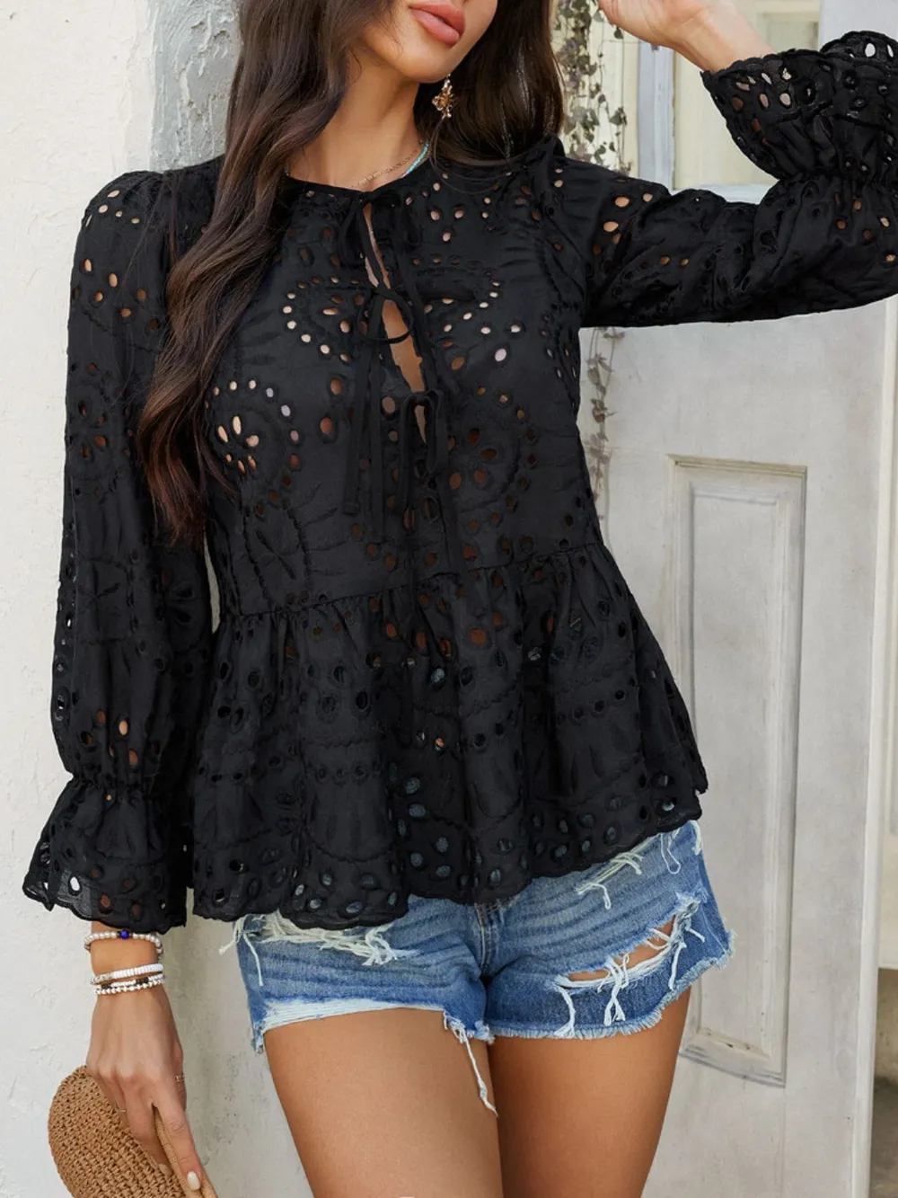 Tie Front Flounce Sleeve Peplum Blouse, image 8