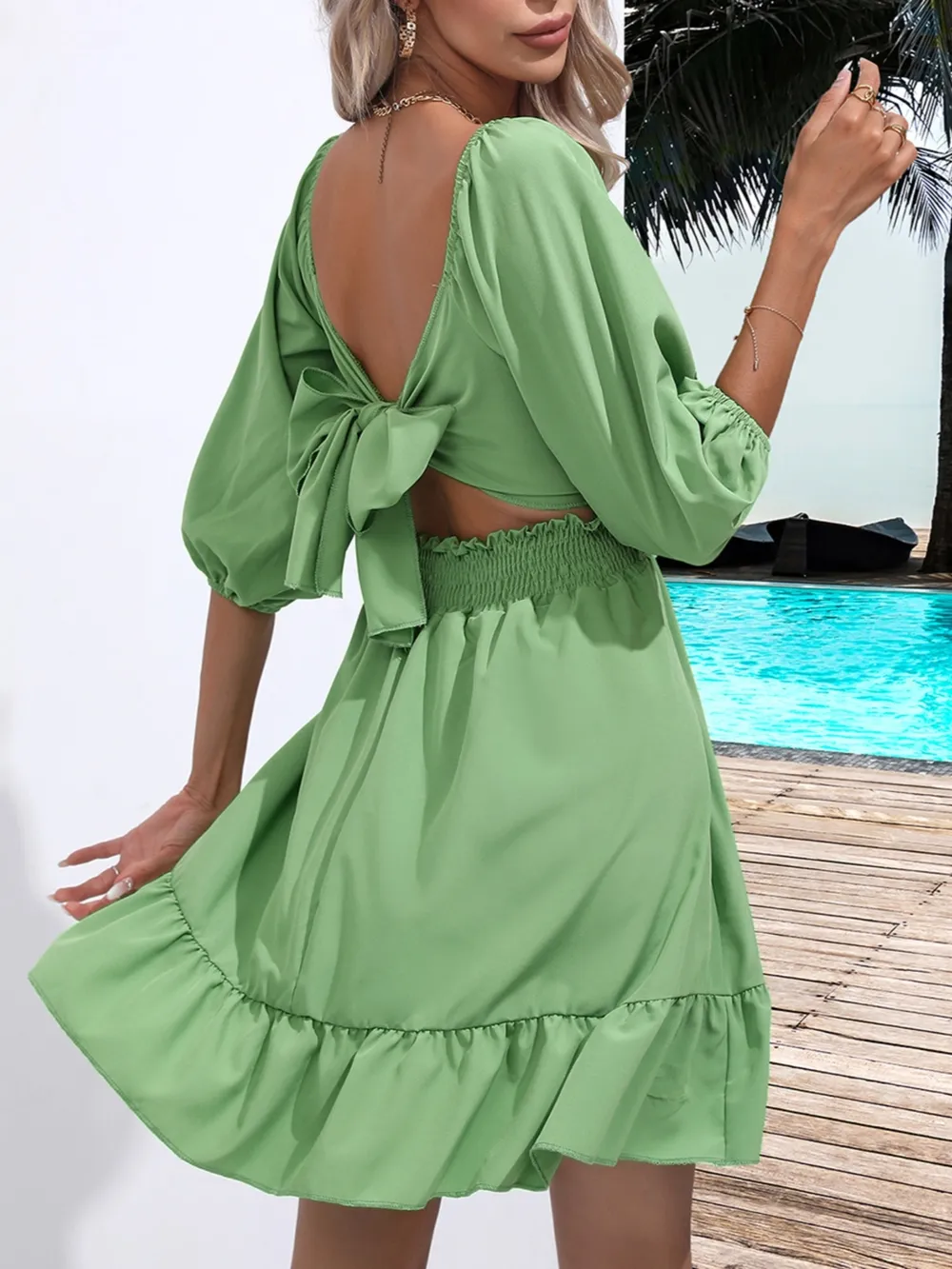 Tie Back Ruffled Hem Square Neck Dress, image 7